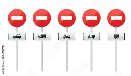 An array of traffic signs are presented, prohibiting entry for vehicles like cars, trucks, and motorcycles, creating an informative display about roadway restrictions.