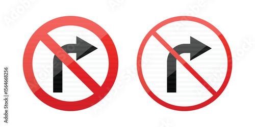 Two round signs with a red circle and slash over a black arrow turning right. They indicate a restriction for traffic and promote road safety.