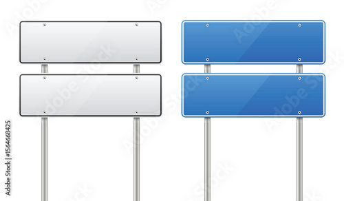 Two sets of blank road signs stand side-by-side. One set features white signs, while the other displays vibrant blue signs, all mounted on silver poles. 