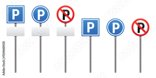 The signs designate areas for parking or prohibit parking. There are three parking signs and three no-parking signs, all posted on white backgrounds.