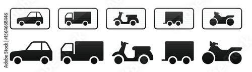 This image presents a collection of vehicle silhouettes. These include cars, trucks, motorcycles, and trailers. The vehicles are presented in a clear and simple manner.