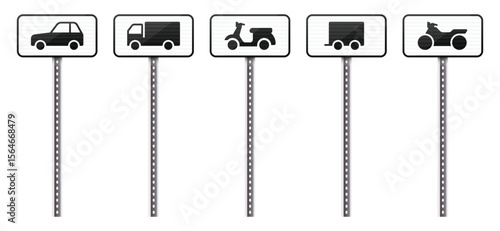 A row of signs shows different forms of transportation including a car, a truck, a moped, a trailer, and an ATV. The black icons are on a white background.