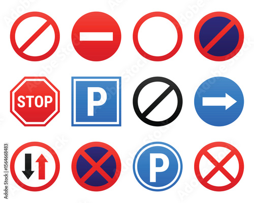 A collection of twelve varied road signs. These regulatory symbols offer instructions for driving and parking, helping to ensure safety, order, and compliance on streets.