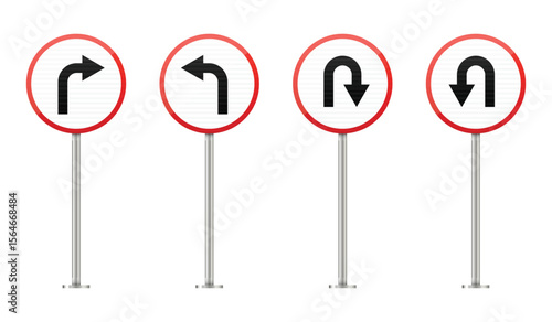 Four red and white circular signs depicting turn directions, including right, left, and two u-turn variations, displayed on silver poles against a white background.