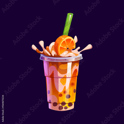 Milk bubble tea cup with orange fruit and splashes for milkshake drink, cartoon vector. Milk bubble tea glass or sweet beverage dessert with boba pearls, fruit and caramel flavor for milkshake drink