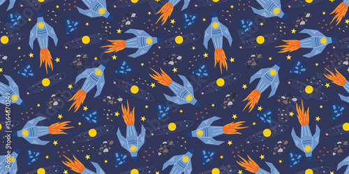 Spaceships in outer space seamless background for kids. Night sky pattern with rockets, stars, stardust and meteorites. Universe print for textile, wallpaper, fabric, vector graphics