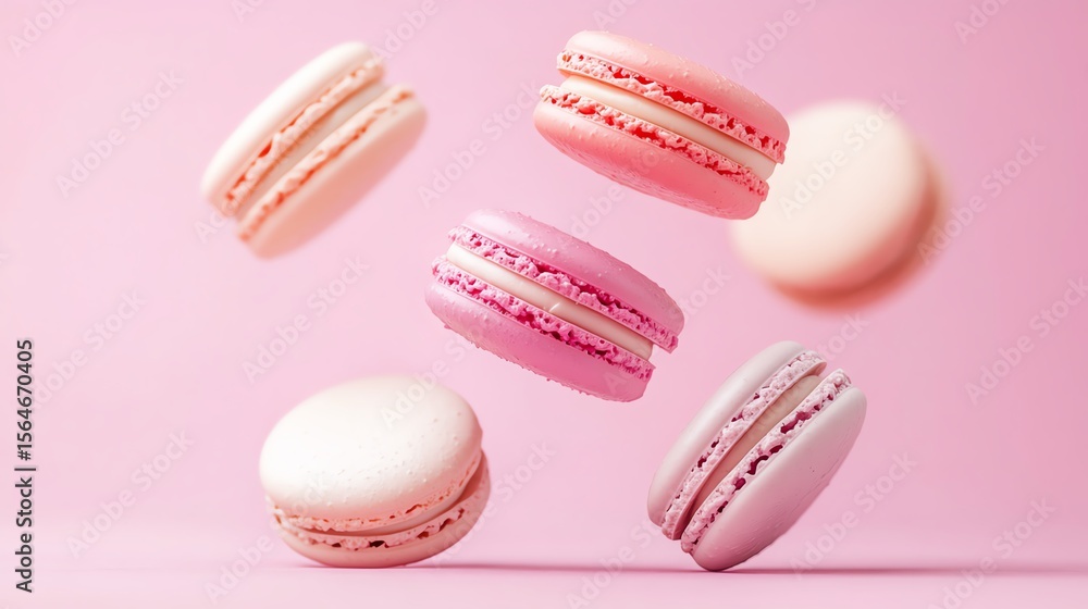 Fototapeta premium Colorful macarons floating against pink background.
