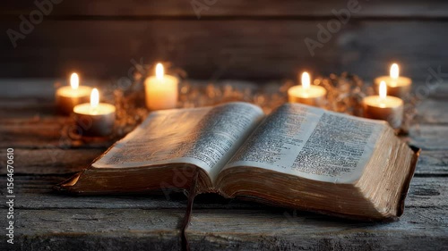 Wallpaper Mural An open Bible resting on a weathered wooden table surrounded by glowing candles. The pages reveal verses that speak of love and grace the warm flicker of the flames representing the Torontodigital.ca