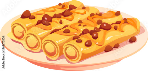 Mexican national holiday and cuisine symbol of enchilada dish, cartoon vector. Mexican cuisine and Tex Mex food of enchilada rolls for holiday fiesta or Mexico national kitchen meals festival