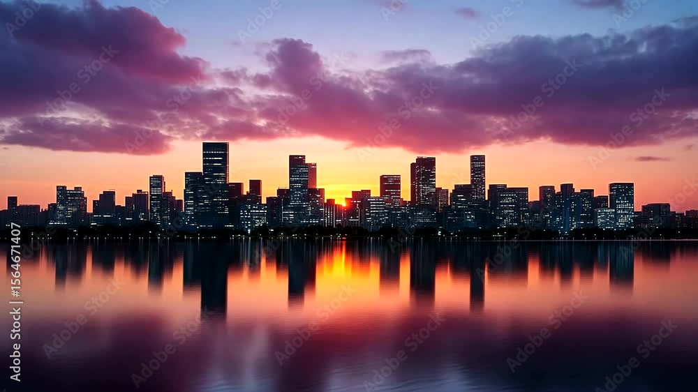 Sunset over city skyline reflecting on calm water Sunset over city skyline reflecting on calm water