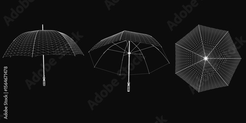 Three wireframe umbrellas arranged in a triangular formation on a black background, featuring intricate geometric patterns. The largest umbrella is centered, flanked by two smaller ones