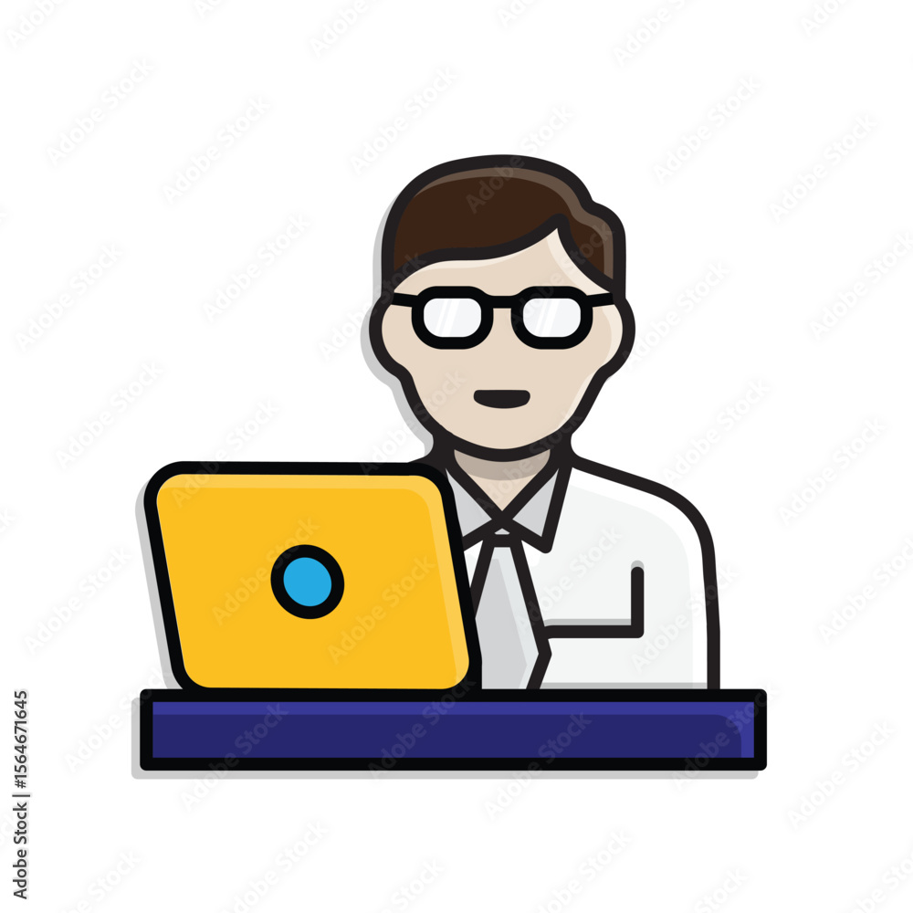 Work icon. Online work. Man wearing tie and glasses working in front of laptop. meeting, teamwork, remote. Isometric design style Work icon. Online work. Man wearing tie and glasses working in front of laptop. meeting, teamwork, remote. Isometric design style