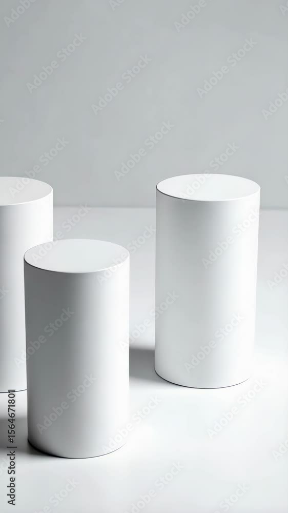 Three white cylindrical geometric display podiums arranged in a minimalist studio setting with bright neutral lighting Three white cylindrical geometric display podiums arranged in a minimalist studio setting with bright neutral lighting