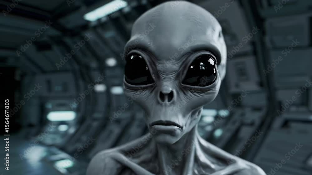 Mysterious alien encounter on a spacecraft in a dark corridor Mysterious alien encounter on a spacecraft in a dark corridor