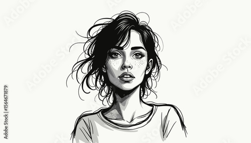 Illustration of a freckled woman with tousled hair