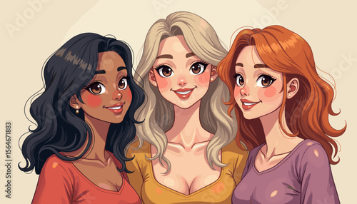 Three smiling women with different hairstyles against a neutral background