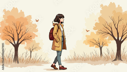 Young woman walking in autumn landscape with trees