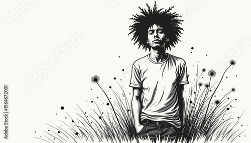 Young man with curly hair standing among tall grass