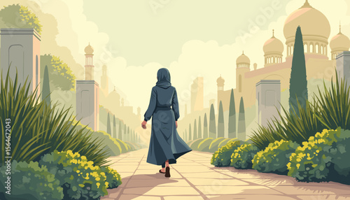 Walking woman in a cloak on a paved path with gardens
