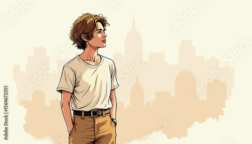 Young man looking thoughtfully against city skyline background