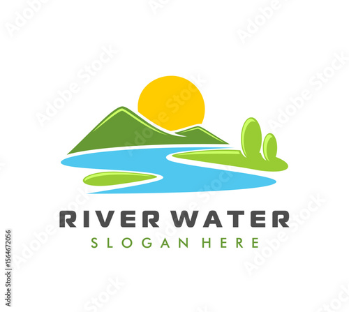 Mountain river icon of nature landscape with forest, hills and sun, vector emblem. Mountain river symbol of valley park with sunrise over fields for travel or farming and agriculture brand sign