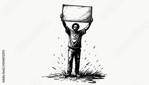 Protester holding blank sign in grassy field