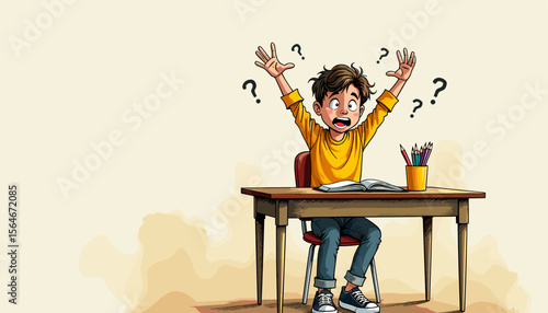 Frustrated boy studying at desk with question marks