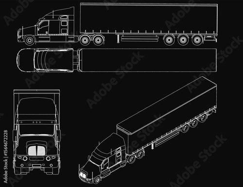 Detailed blueprint of a semi truck with wagons on a black background, featuring precise vector lines and technical specifications. The clean design highlights the truck's structure and mechanical.