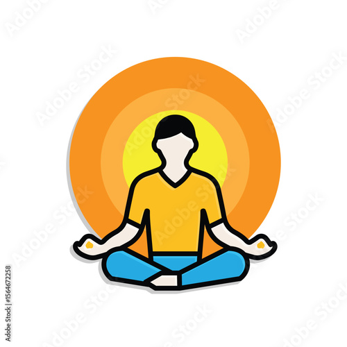 Mindfulness icon. meditation timer. person sitting lotus with clock behind. mental health, calmness, concentration. isometric design style