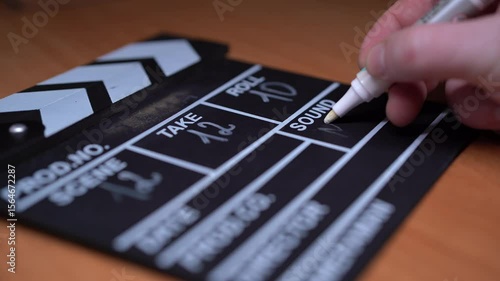 Movie clapperboard footage. Man hand holding film slate and clapping it in studio before shooting or recording. Movie clapper board or film slate for video recording. film production. film industry.