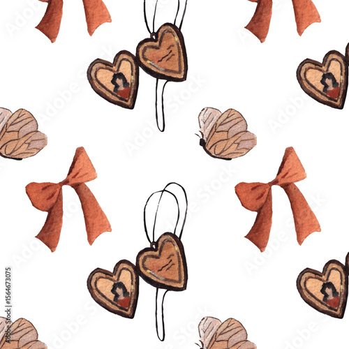 Vintage Heart Locket  Bow Seamless Pattern.  Watercolor Style for Romantic Gifts, Scrapbooking, and Feminine Designs. Vintage brown toned background. Cute cozy style.