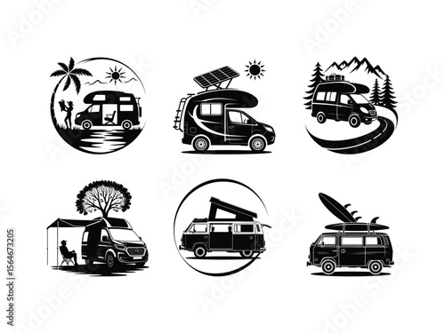 Camper vans in various outdoor settings with nature elements van life travel