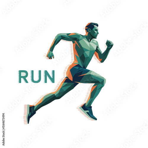 Abstract Runner Vector – Geometric Athlete Illustration in Motion on Track with Red Shirt, polygonal art on a transparent background