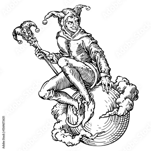 Whimsical black and white engraving-style illustration of a medieval jester or fool playfully balancing on a large, textured sphere, with clouds around him.