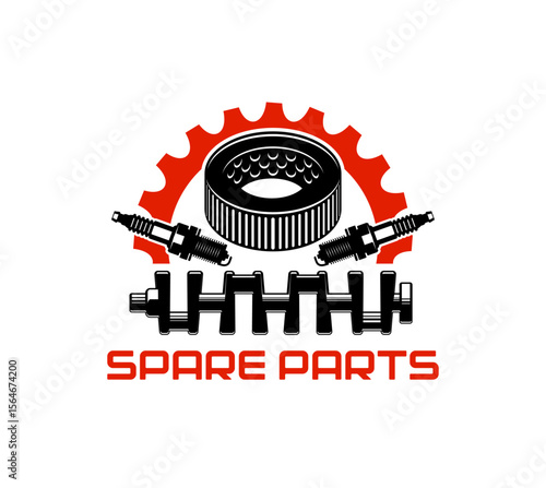 Car auto spare parts icon for automobile repair or mechanic service, vector symbol. Spare parts supplier company or automotive store icon of crankshaft, spark plug and gear for mechanic shop or garage