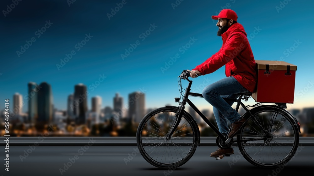 Fototapeta premium Delivery man in red uniform riding bicycle with parcel box, eco-friendly urban delivery, sustainable transportation, city street background, fast and green service