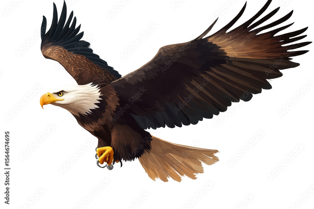 Fototapeta premium Majestic american bald eagle soaring gracefully through clear skies, showcasing its powerful wings and striking features against a transparent backdrop