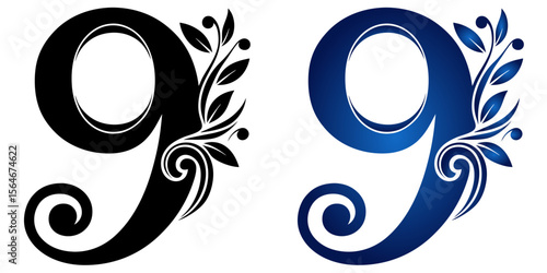 Number 9 nine in two design variants black and blue gradient, isolated vector image on transparent background  