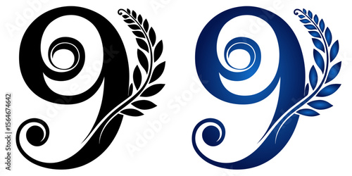 Decorative number 9 nine in black and blue gradient design with leaves, isolated vector image on transparent background
  