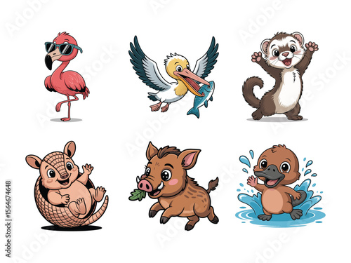 Pink flamingo sunglasses pelican fish ferret armadillo wild boar platypus water vector