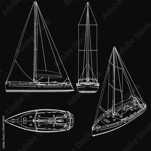 Detailed blueprint of three sailboats arranged in a triangular formation on a black background. The largest yacht is centered, flanked by two smaller boats, with clearly defined masts, sails