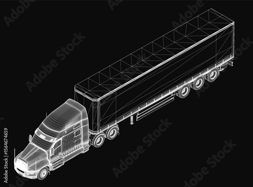 A detailed 3D model of a semi truck with realistic textures, sleek design, and chrome accents, isolated on a black background. The truck features prominent headlights, a spacious cabin, and a long.
