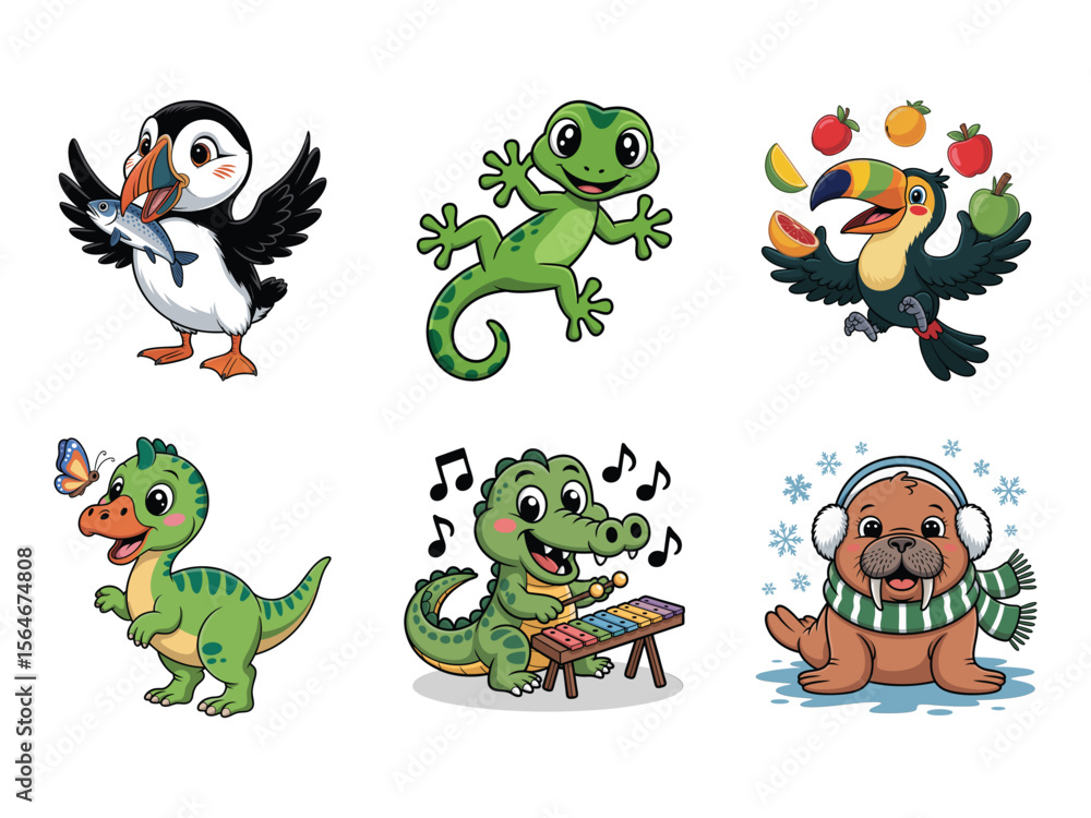 Fototapeta premium Puffin with fish gecko toucan juggling fruits dinosaur with butterfly alligator playing xylophone walrus in snow