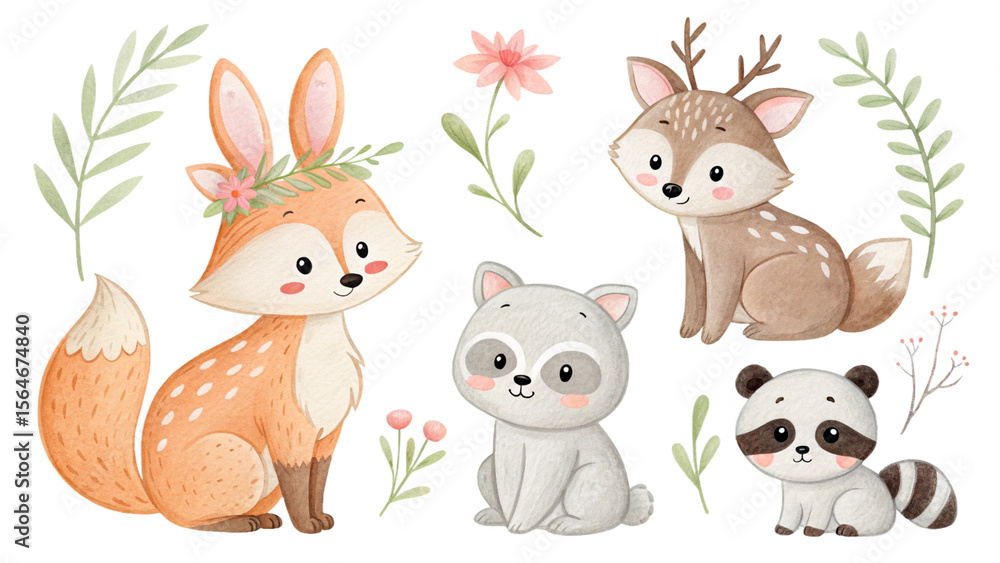 Fototapeta premium Watercolor baby animals clipart set: baby fox, bunny, bear, deer, and raccoon, hand-painted in soft pastel colors, transparent background, nursery design