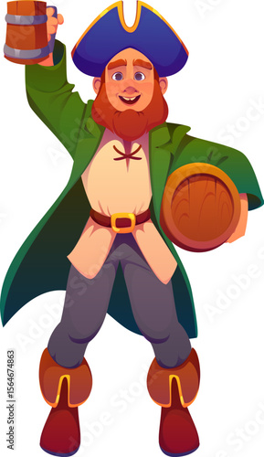 Cartoon pirate ship crew character or corsair with rum barrel, vector personage. Caribbean pirate, boatswain man or corsair filibuster character in tricorne hat with rum barrel or beer pint mug cheers