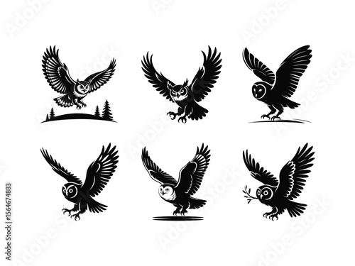 Six black owl silhouettes in flight with spread wings and talons owls bird