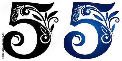 Decorative number 5 five in two design variants black and blue gradient,  isolated vector image on transparent background  