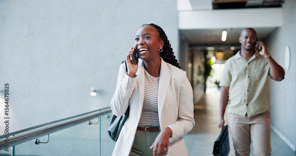 Fototapeta premium Lobby, laugh and woman with phone call for business trip, walking and online communication. Travel, female person and accommodation planning with review for schedule, meeting booking and opportunity
