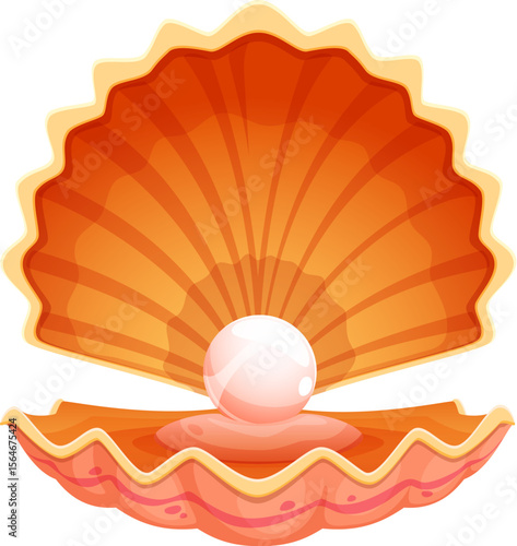 Cartoon pearl shell or scallop oyster and seashell with treasure jewelry, isolated vector. Open scallop shell or orange mother pearl, cockle or conch clam with precious pearl of underwater mollusk