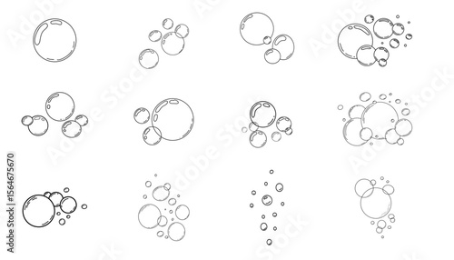 Bubbles fizzy foam doodle sketch hand drawn set. Line shampoo bubbles, champagne gas linear. Water balls. sparkles.